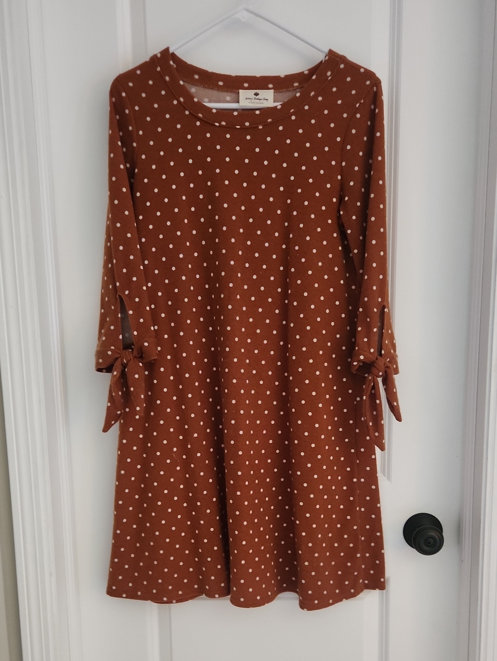 Polka Dot Tie-Sleeve Long Sleeve Dress in Rust